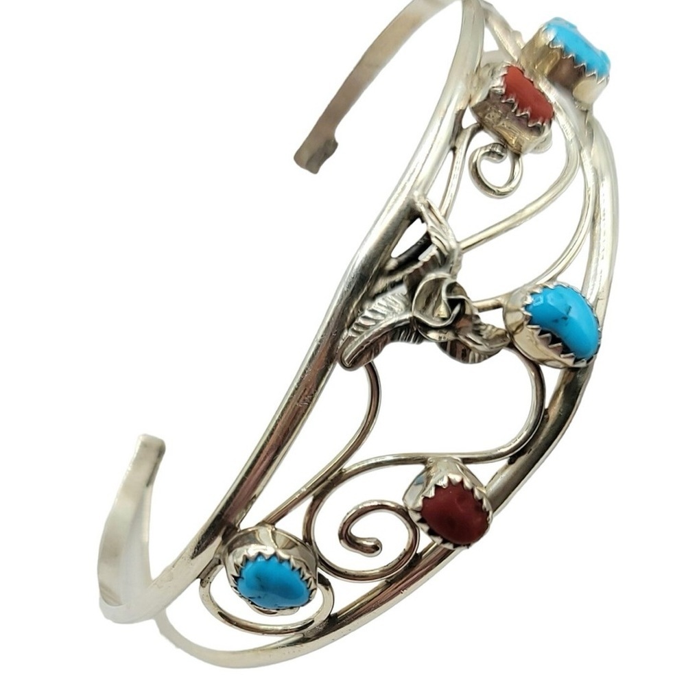 Sterling Silver Navajo Native American Turquoise & Coral Cab Scroll Cuff - Picture 1 of 7